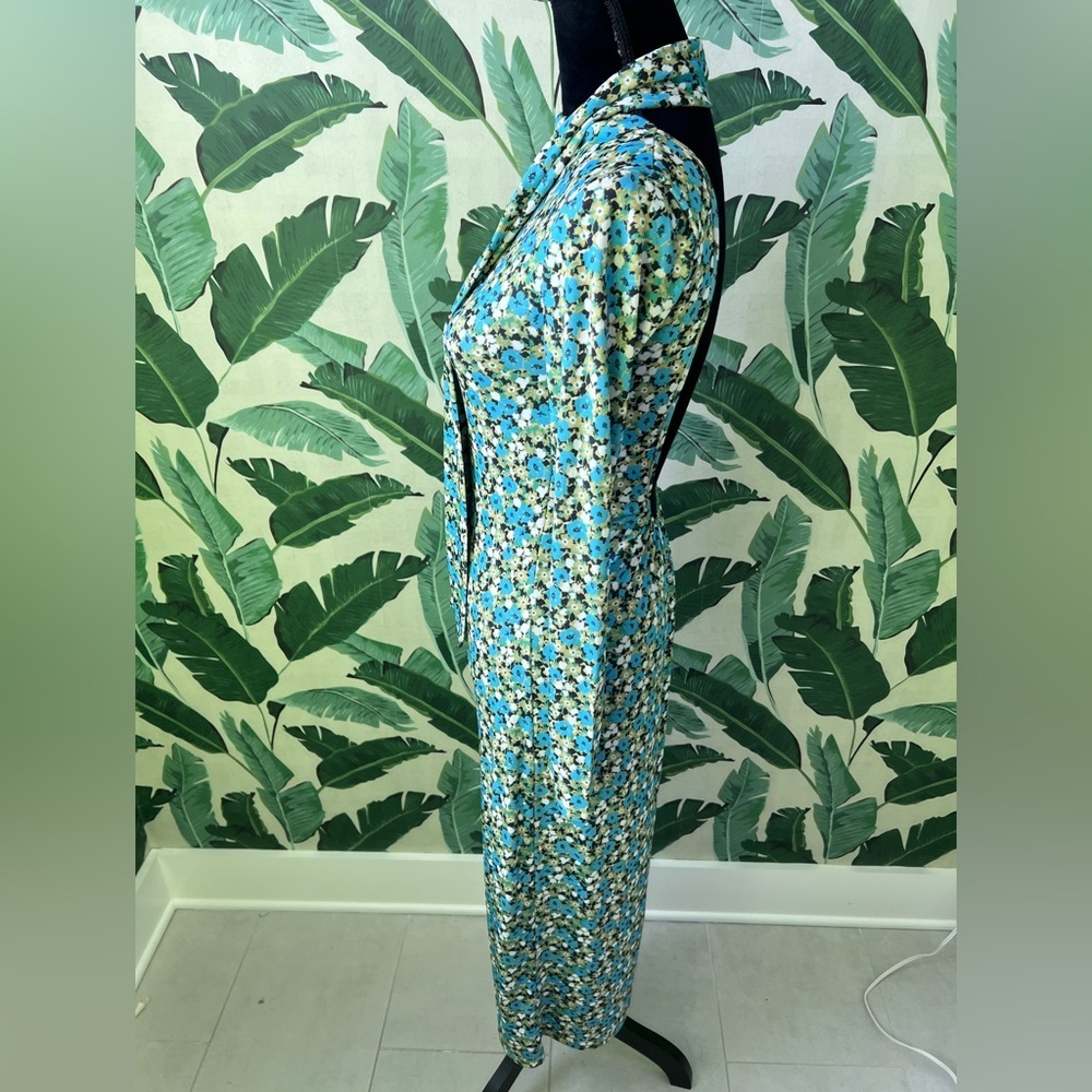 Zara green blue floral long-sleeve midi dress high neck Kentucky Derby Medium - Picture 11 of 14